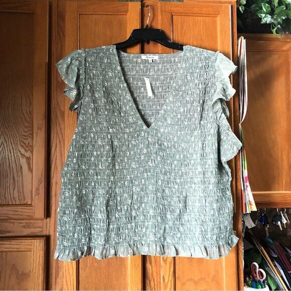 MADEWELL V-Neck Cottage Garden Smocked Lucie Top Green - 26W - Picture 4 of 16
